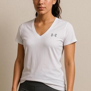 Under Armour‎ HeatGear Women's White V-Neck T-Shirt XS Loose Fit Activewear